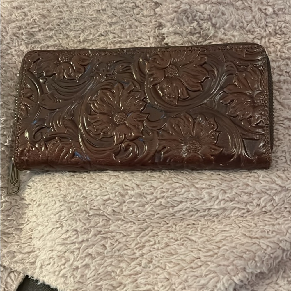 Patricia Nash Embossed Floral Leather Zip Wallet in Dark Brown